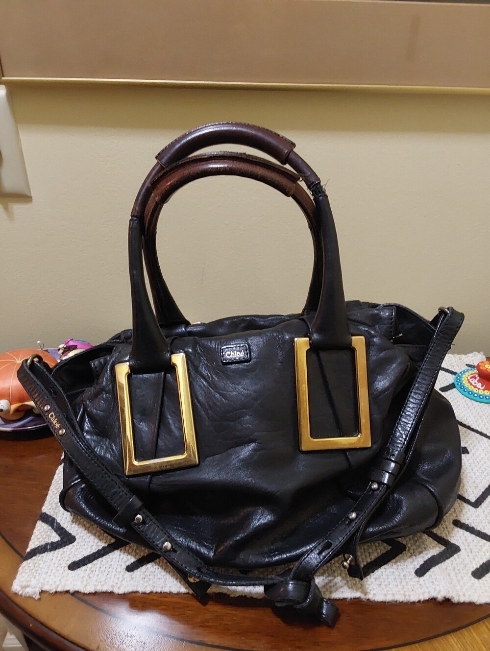 Chloe Black Leather Shoulder Bag with Gold Buckle Accents
